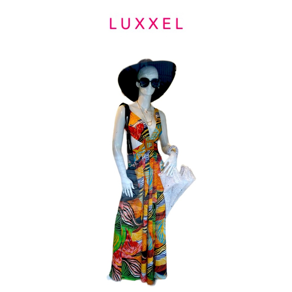 Luxxel Cutout Maxi Dress in Colorful Tropical Tribal Hawaiian African Leaf Print
